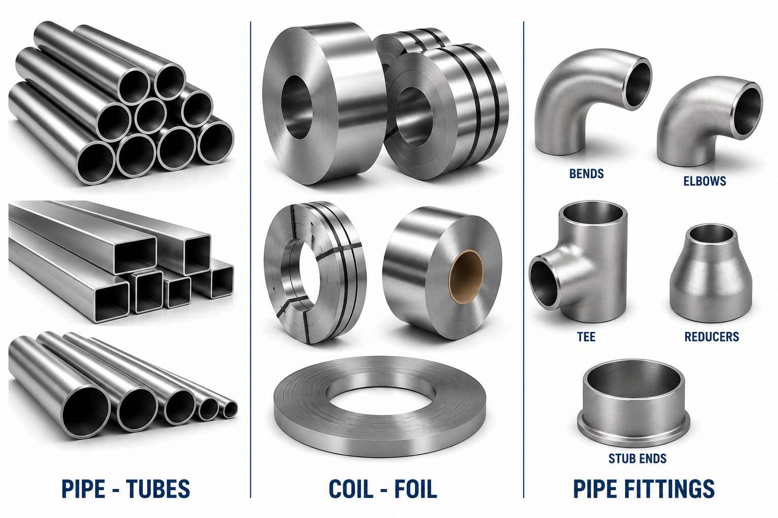 V Stainless Private Limited product range — pipes and tubes, coils and foils, and pipe fittings